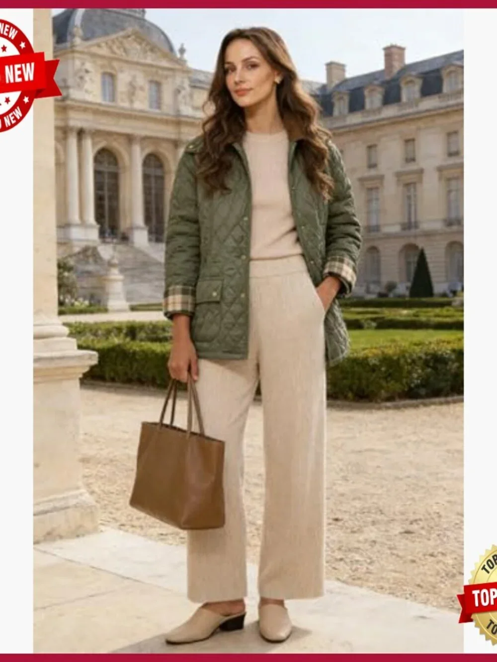 Women's Diamond Quilted Jacket with Corduroy Collar and Side Pockets - Picture 6 of 7